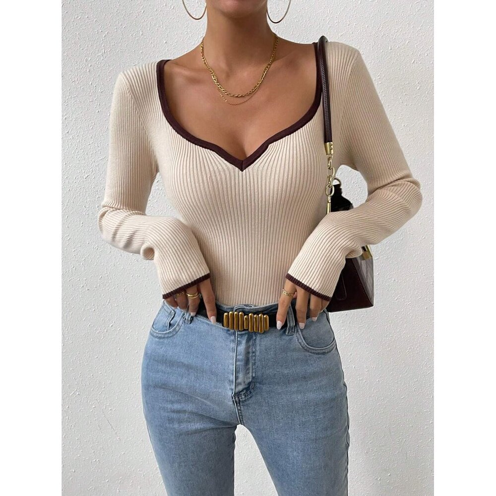 Tan ribbed v neck sweater White Trim Preppy Minimalist